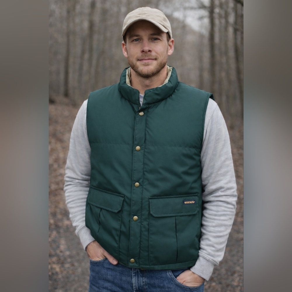 Vtg Woolrich John Rich & Bros Duck Down Puffer Vest Mens Size XL Green Tan